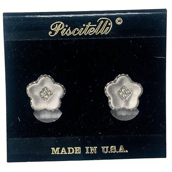 Piscitelli Crystal Silver Flower Button Earrings Designer Piscitelli  Signed - Picture 1 of 12